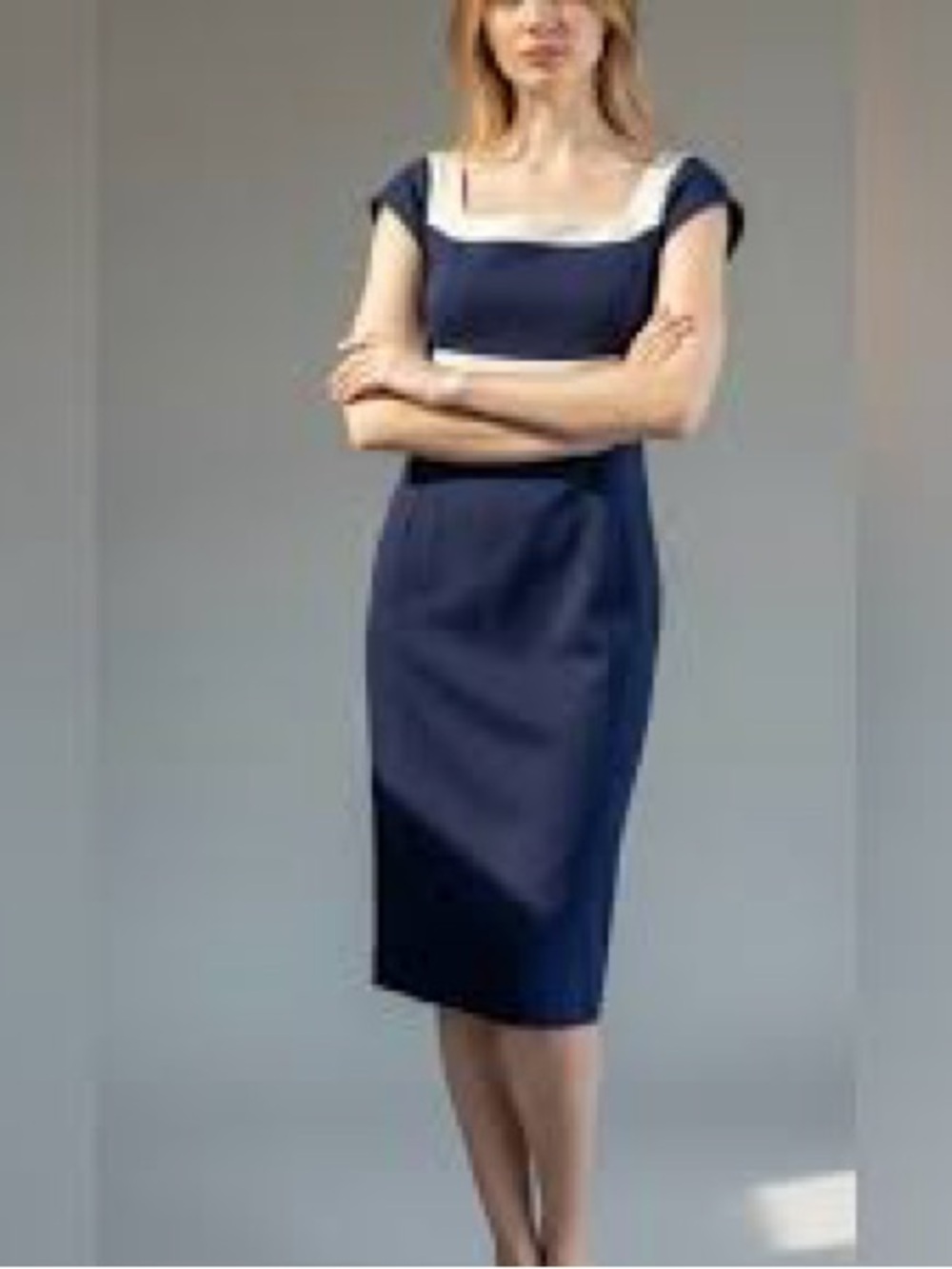Diane Von Furstenberg Navy New Domina Midi Dress with ivory Trim size 6 EUC